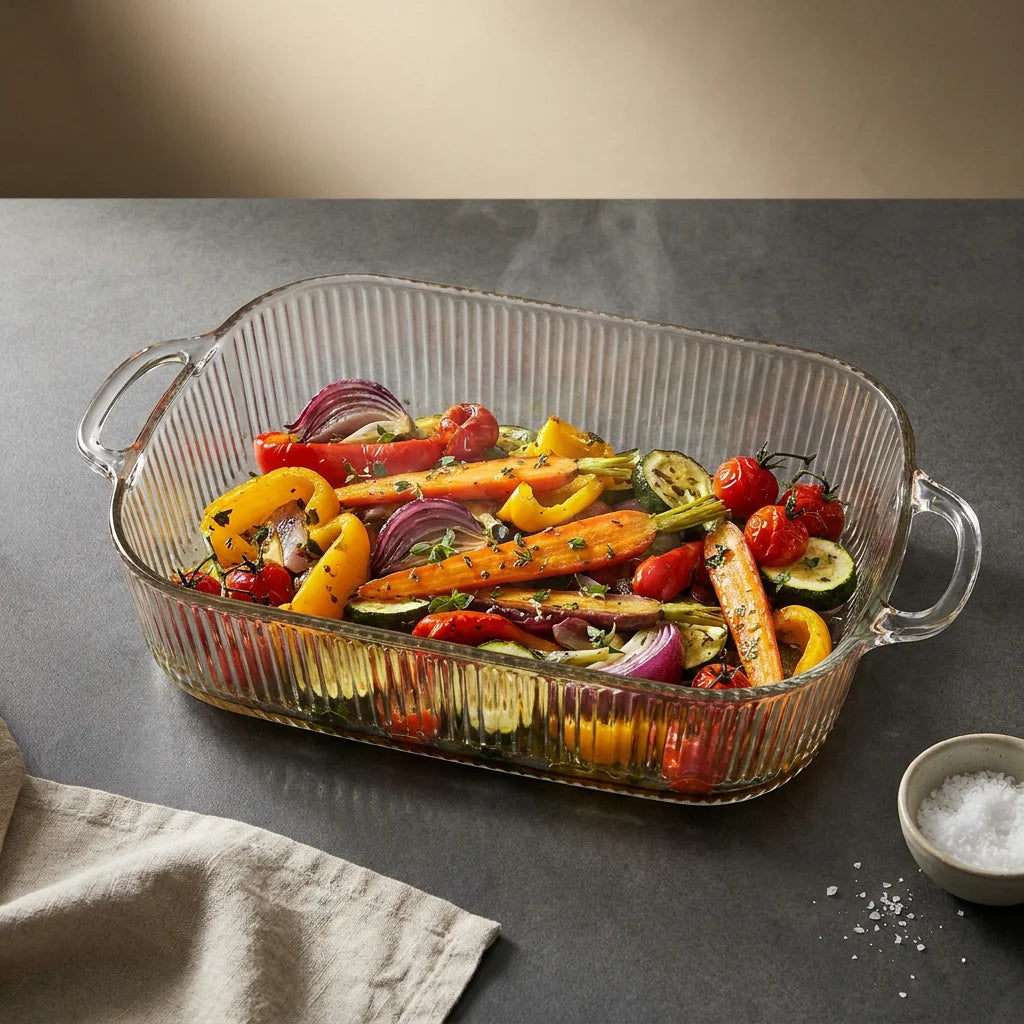 Hestia Shield-Grade™ Premium Striped Glass Roasting Pan & Crystal Baker with Lid