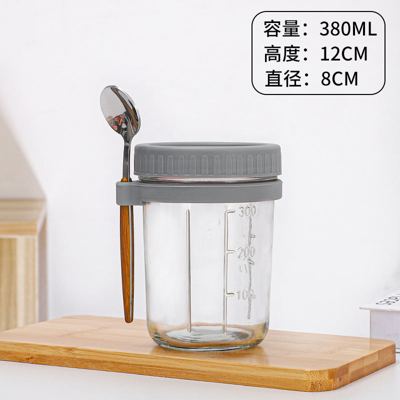 Cross-border Amazon Overnight Oat Cup Wide Mason Salad Jar Portable Glass with Lid Spoon Scale Cup