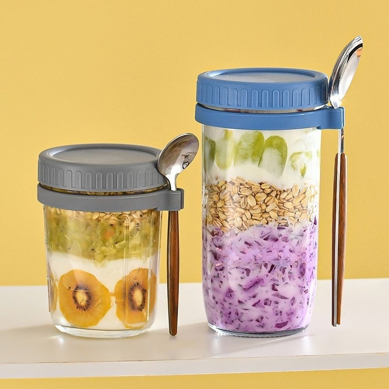 Cross-border Amazon Overnight Oat Cup Wide Mason Salad Jar Portable Glass with Lid Spoon Scale Cup