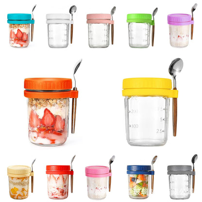 Hestia Crystalline(TM) Overnight Oats Glass Jar with Spoon & Airtight Lid - 16oz - Premium Glassware by Hestia B2B