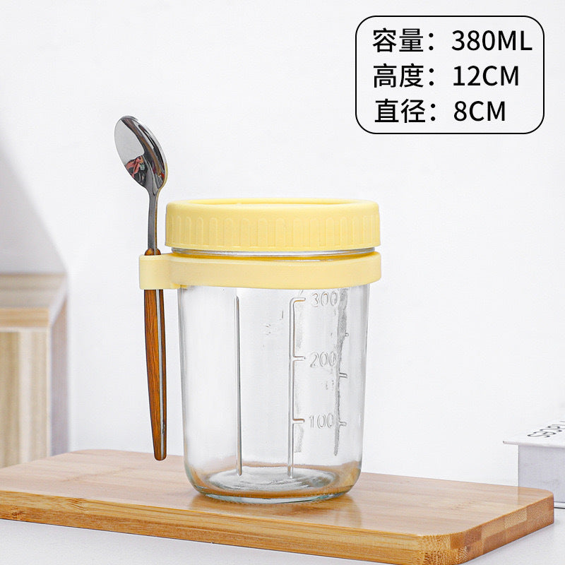 Cross-border Amazon Overnight Oat Cup Wide Mason Salad Jar Portable Glass with Lid Spoon Scale Cup