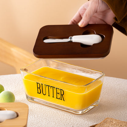 Minimalist Glass Butter Dish with Airtight Wooden Lid | Hestia Series