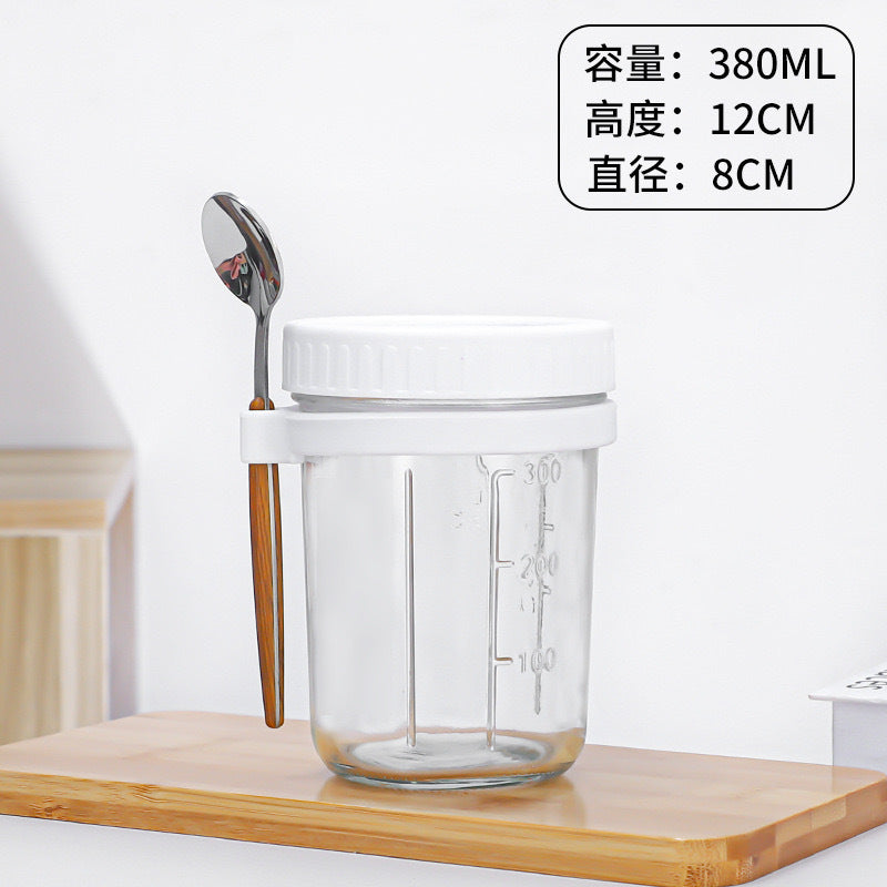 Cross-border Amazon Overnight Oat Cup Wide Mason Salad Jar Portable Glass with Lid Spoon Scale Cup