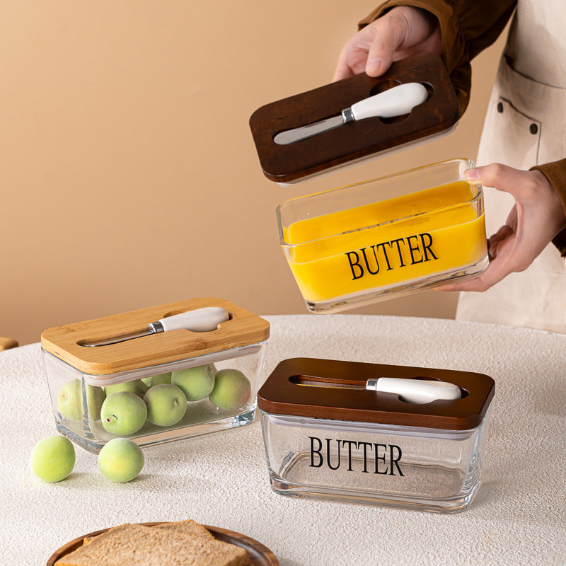Minimalist Glass Butter Dish with Airtight Wooden Lid | Hestia Series
