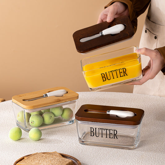 Minimalist Glass Butter Dish with Airtight Wooden Lid | Hestia Series
