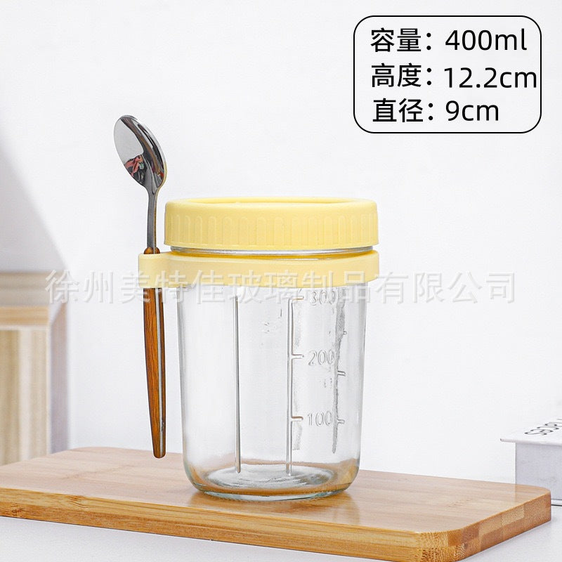 Hestia Crystalline(TM) Overnight Oats Glass Jar with Spoon & Airtight Lid - 16oz - Premium Glassware by Hestia B2B