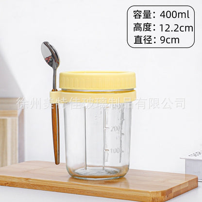 Hestia Crystalline(TM) Overnight Oats Glass Jar with Spoon & Airtight Lid - 16oz - Premium Glassware by Hestia B2B