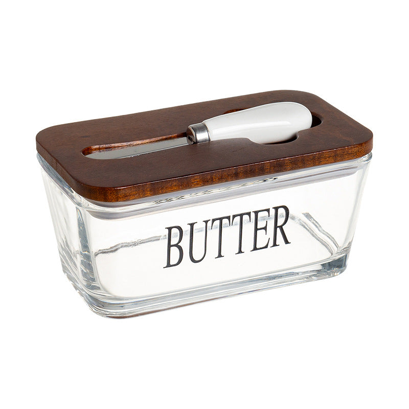 Minimalist Glass Butter Dish with Airtight Wooden Lid | Hestia Series