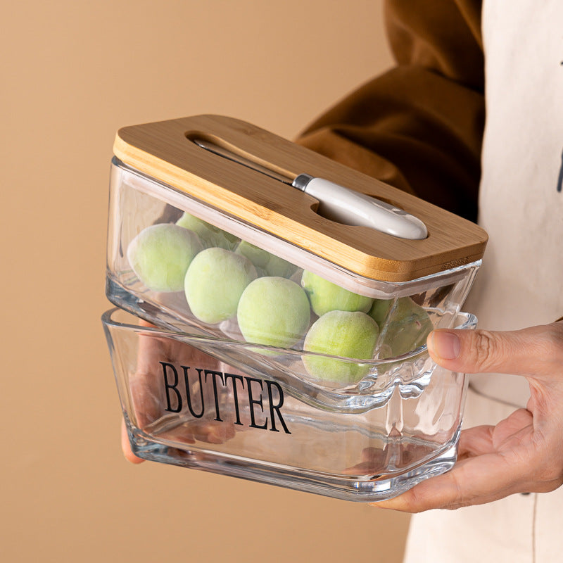 Minimalist Glass Butter Dish with Airtight Wooden Lid | Hestia Series