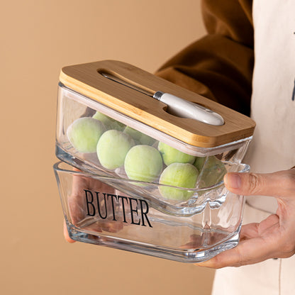 Minimalist Glass Butter Dish with Airtight Wooden Lid | Hestia Series