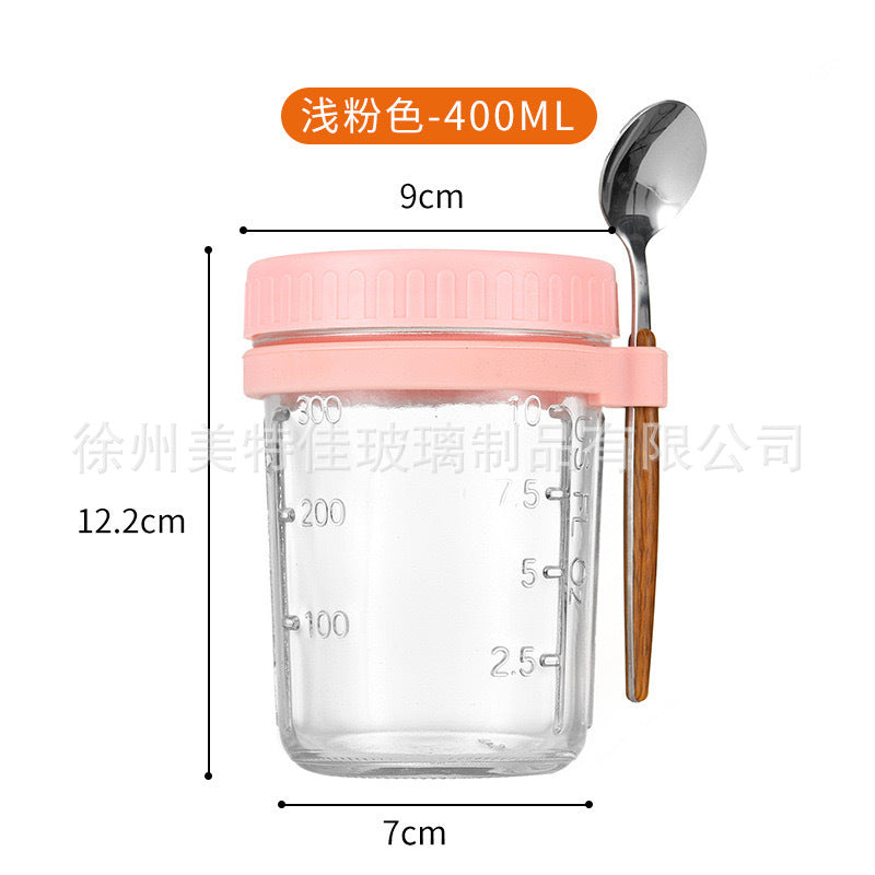 Hestia Crystalline(TM) Overnight Oats Glass Jar with Spoon & Airtight Lid - 16oz - Premium Glassware by Hestia B2B