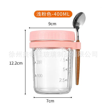 Hestia Crystalline(TM) Overnight Oats Glass Jar with Spoon & Airtight Lid - 16oz - Premium Glassware by Hestia B2B