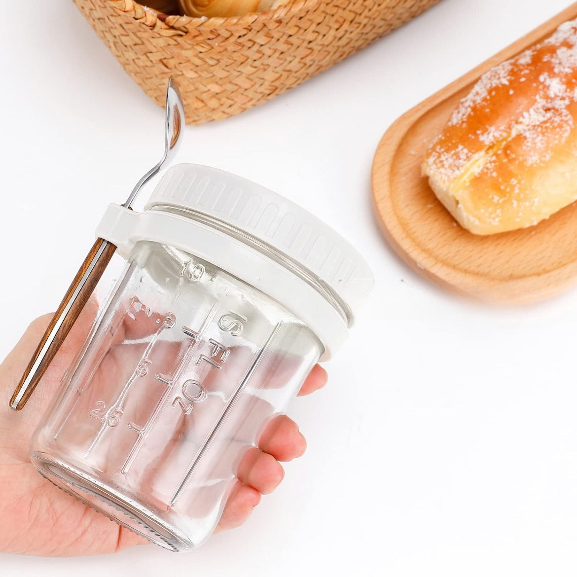 Hestia Crystalline(TM) Overnight Oats Glass Jar with Spoon & Airtight Lid - 16oz - Premium Glassware by Hestia B2B